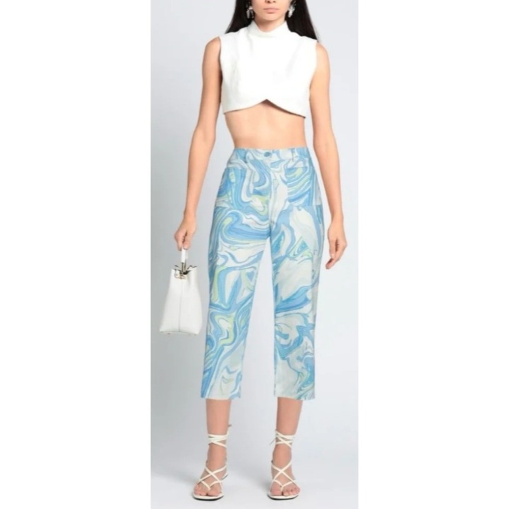 Hale Bob Ace Cropped Pants Blue White Marble Print Cotton‎ Woven Size M